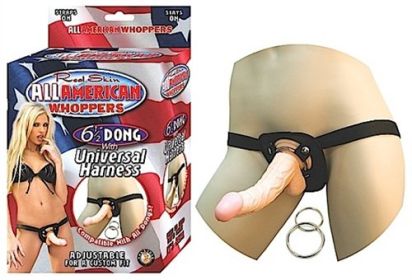 All American Whoppers 6.5-Inch- Dong With  Universal Harness- Flesh